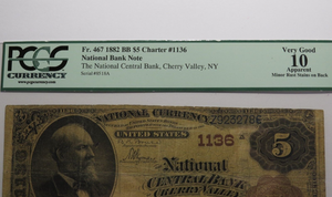 $5 1882 Cherry Valley New York National Currency Bank Note Bill #1136 VG10 PCGS