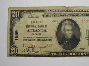 $20 1929 Atlanta Georgia GA National Currency Bank Note Bill! Charter #1559 FINE