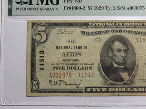 $5 1929 Afton New York NY National Currency Bank Note Bill Ch. #11513 VF20 PMG