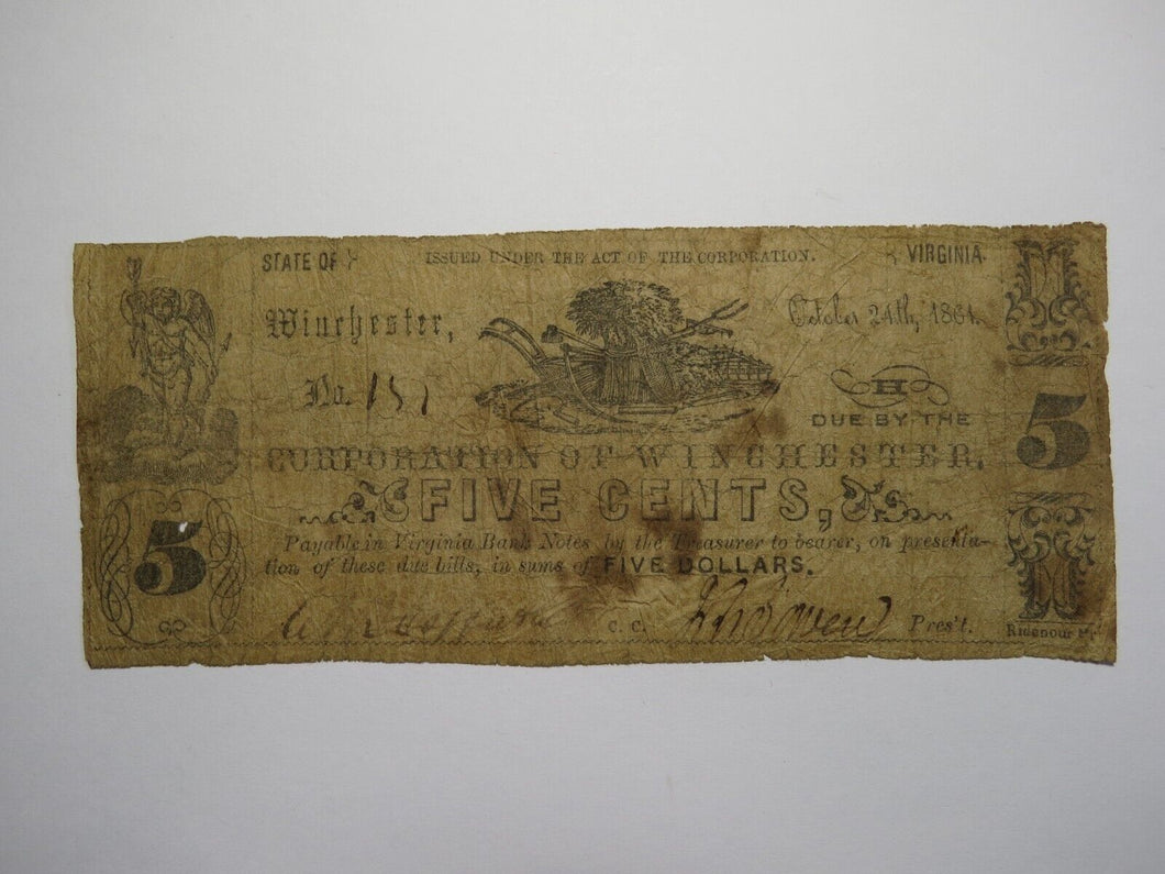$.05 1861 Winchester Virginia Obsolete Currency Bank Note Bill Corporation of VA