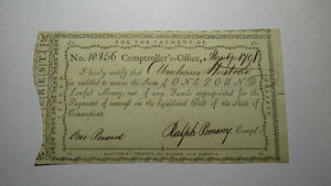 1791 One Pound Connecticut Comptroller's Office Colonial Currency Note! Pomeroy