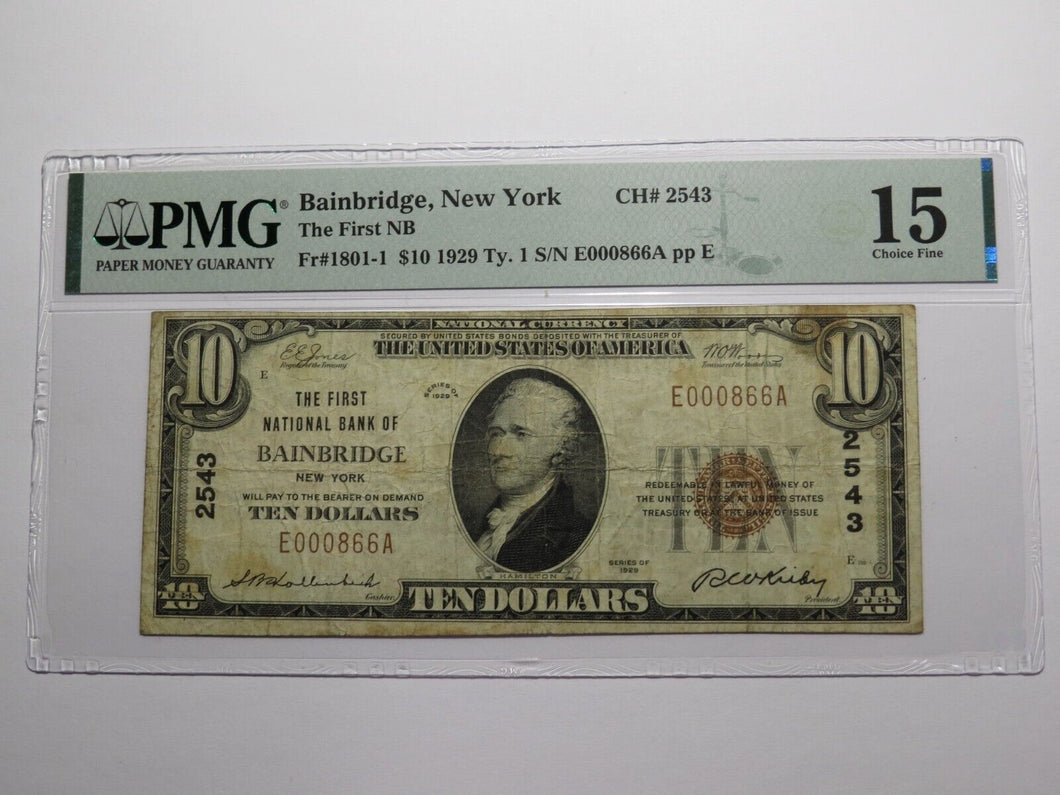 $10 1929 Bainbridge New York NY National Currency Bank Note Bill Ch. #2543 F15