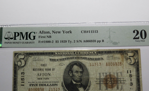$5 1929 Afton New York NY National Currency Bank Note Bill Ch. #11513 VF20 PMG!
