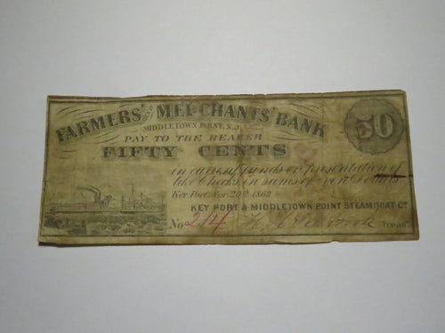 $.50 1862 Middletown Point New Jersey Obsolete Currency Bank Note Bill! Keyport