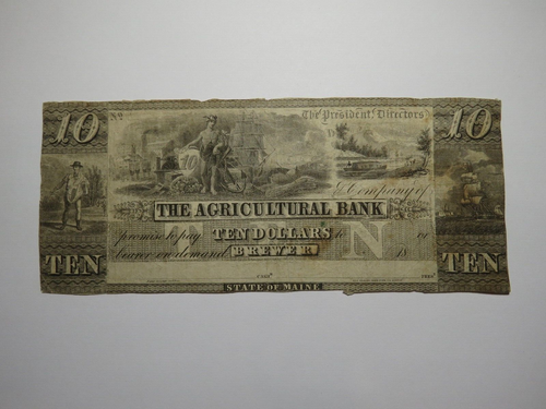 $10 1850's Brewer Maine Obsolete Currency Bank Note Bill The Agricultural Bank