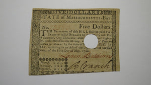 $5 1780 Massachusetts Bay MA Colonial Currency Note Bill Loammi Baldwin Signed