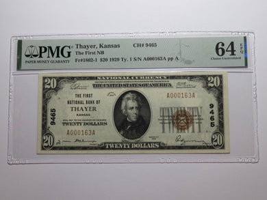$20 1929 Thayer Kansas KS National Currency Bank Note Bill Ch. #9465 UNC64 PMG
