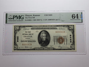 $20 1929 Thayer Kansas KS National Currency Bank Note Bill Ch. #9465 UNC64 PMG