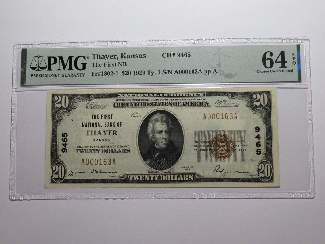 $20 1929 Thayer Kansas KS National Currency Bank Note Bill Ch. #9465 UNC64 PMG