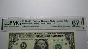 $1 2003 Radar Serial Number Federal Reserve Currency Bank Note Bill PMG UNC67EPQ