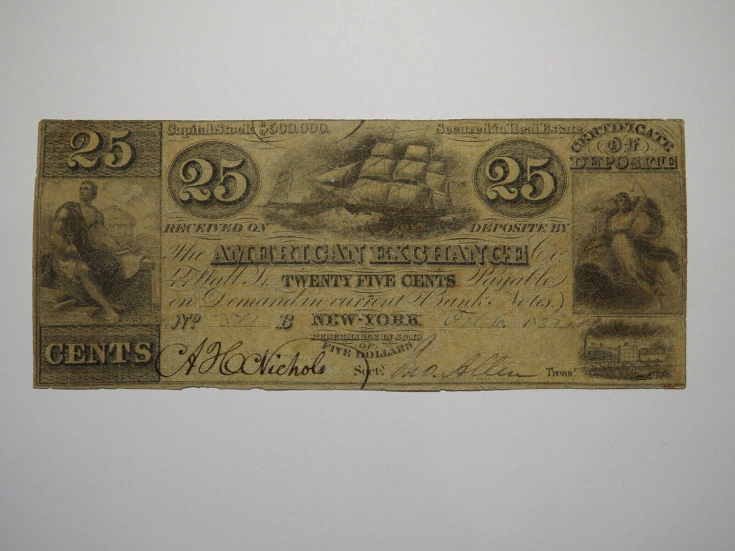 $.25 1837 New York City NY Obsolete Currency Bank Note Bill American Exchange CD
