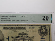 Load image into Gallery viewer, $5 1902 Madison Indiana IN National Currency Bank Note Bill Ch. #111 VF20 PMG