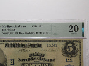 $5 1902 Madison Indiana IN National Currency Bank Note Bill Ch. #111 VF20 PMG