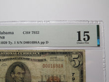 Load image into Gallery viewer, $5 1929 Dothan Alabama AL National Currency Bank Note Bill Ch. #7932 F15 PMG