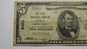 $5 1929 Etna Pennsylvania PA National Currency Bank Note Bill Charter #6453 RARE