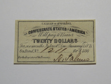 $20 1861 Confederate Bond Coupon Certificate Currency Bank Note Bill UNC