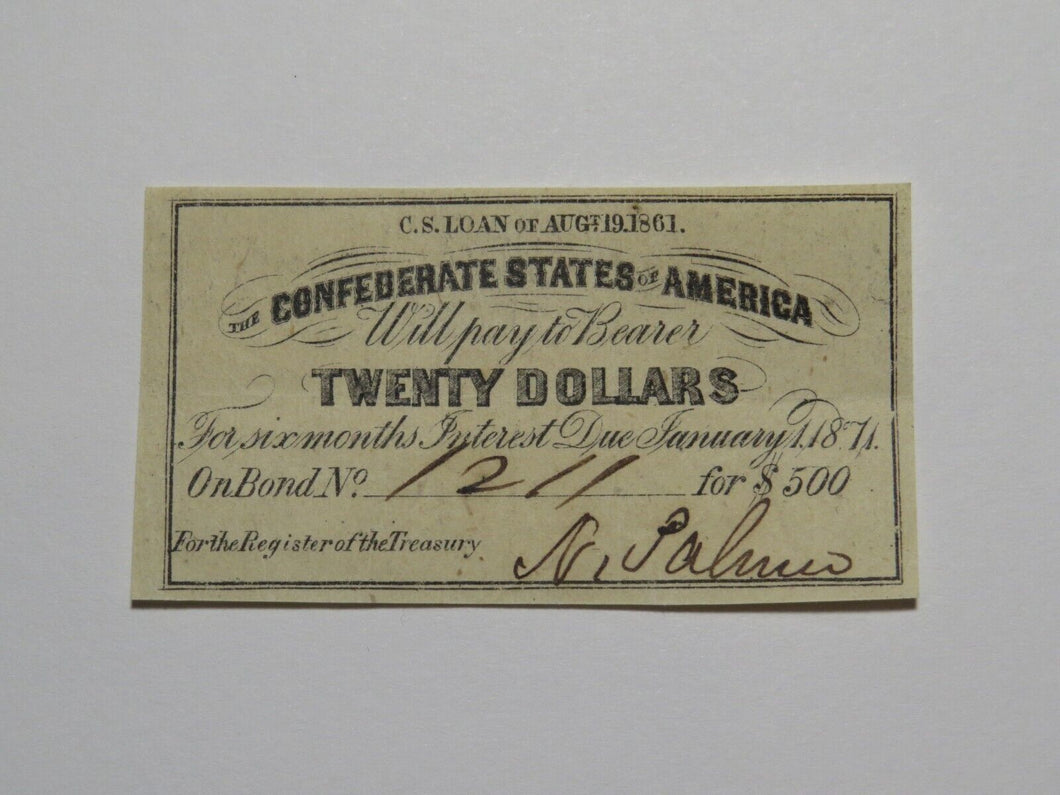 $20 1861 Confederate Bond Coupon Certificate Currency Bank Note Bill UNC