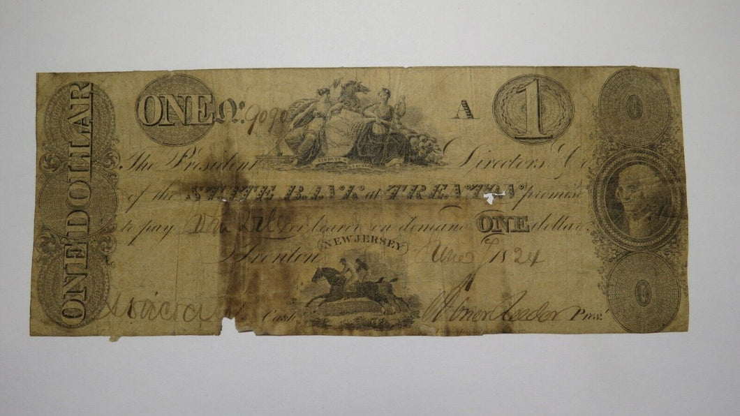 $1 1824 Trenton New Jersey NJ Obsolete Currency Bank Note Bill State Bank