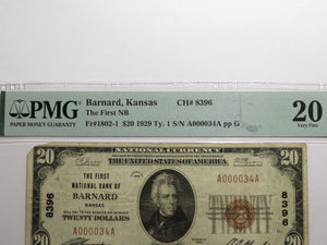 $20 1929 Barnard Kansas KS National Currency Bank Note Bill Ch #8396 VF20 PMG