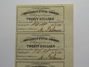 $20 1861 Confederate Bond Coupon Certificate Uncut Sheet Currency Bank Note Bill
