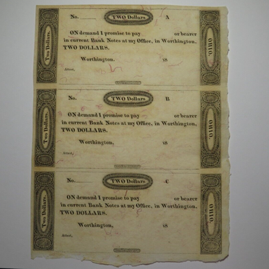 $2 18__ Worthington Ohio Obsolete Currency Note Uncut Bank Sheet Erza Griswold