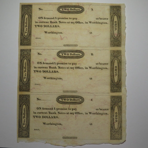 $2 18__ Worthington Ohio Obsolete Currency Note Uncut Bank Sheet Erza Griswold