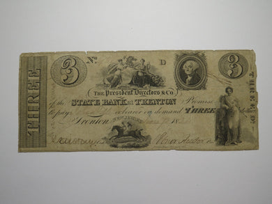 $3 1824 Trenton New Jersey NJ Obsolete Currency Bank Note Bill State Bank
