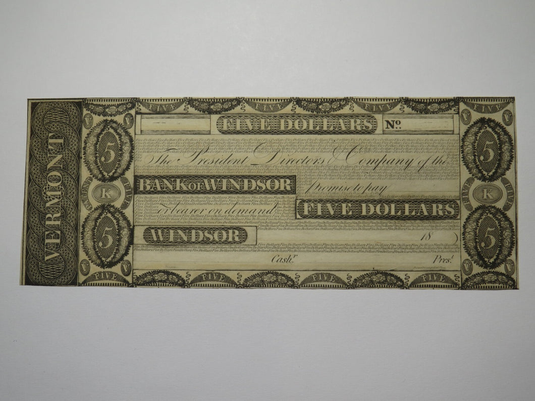 $5 18__ Windsor Vermont VT Obsolete Currency Bank Note Bill Remainder UNC++++