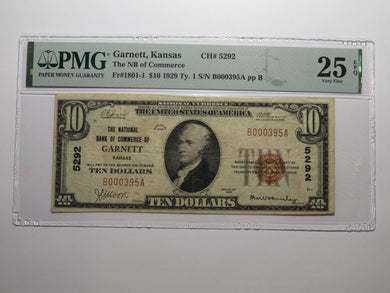 $10 1929 Garnett Kansas KS National Currency Bank Note Bill #5292 VF25EPQ PMG