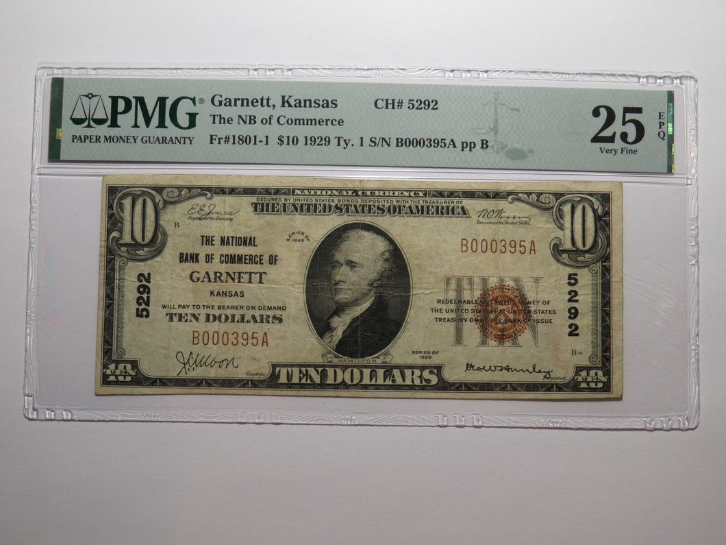 $10 1929 Garnett Kansas KS National Currency Bank Note Bill #5292 VF25EPQ PMG