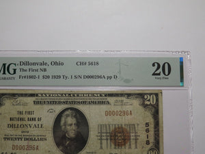 $20 1929 Dillonvale Ohio OH National Currency Bank Note Bill Charter #5618 VF20