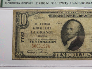 $10 1929 La Grange Georgia GA National Currency Bank Note Bill Ch. #7762 F15 PMG