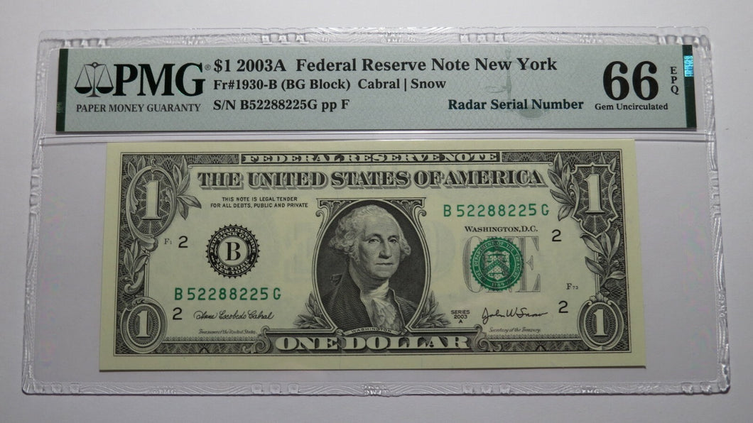 $1 2003 Radar Serial Number Federal Reserve Currency Bank Note Bill PMG UNC66EPQ