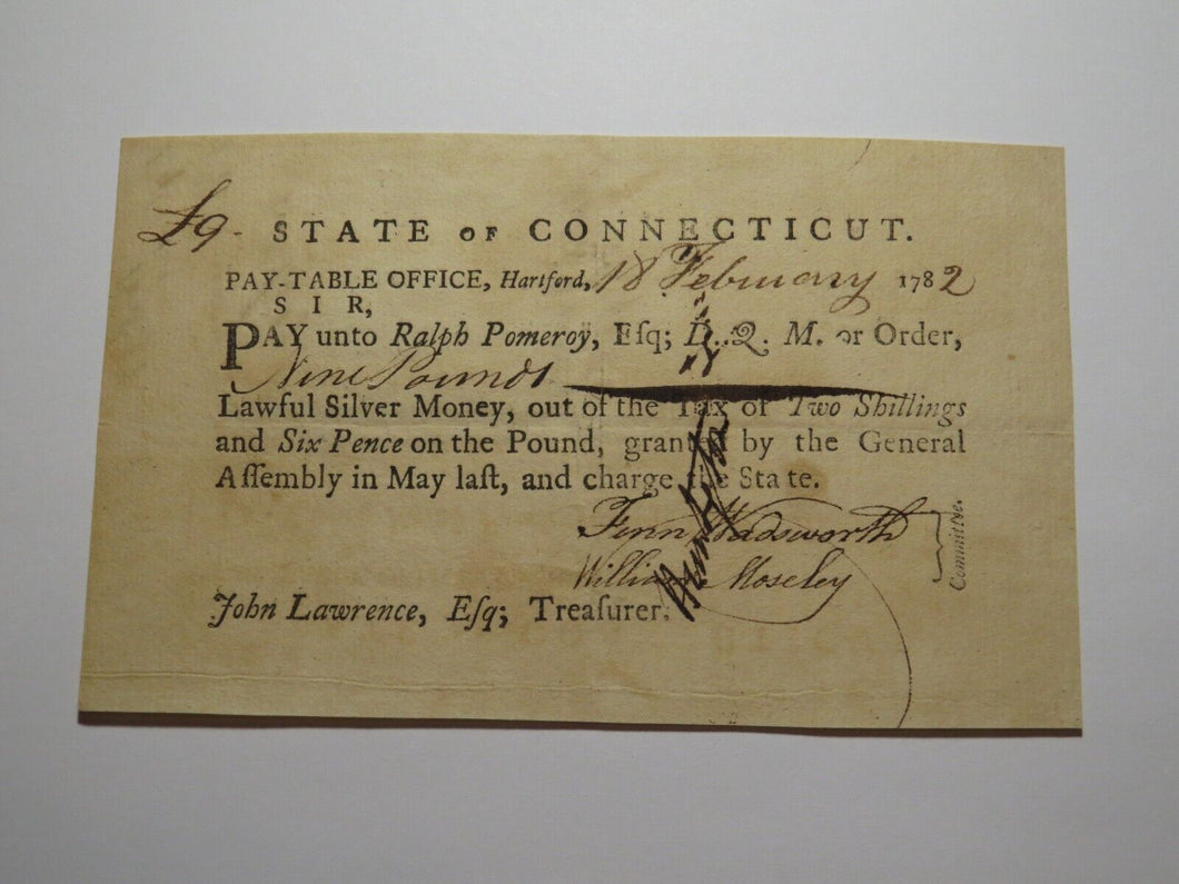 1782 Connecticut Pay Table Office Colonial Currency Note Bill! Wadsworth/Moseley