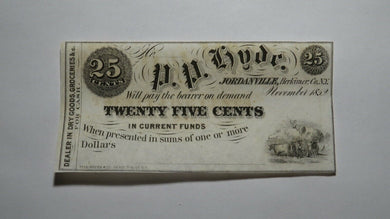 $.25 1852 Jordanville New York NY Obsolete Currency Bank Note Bill P.P. Hyde CU+