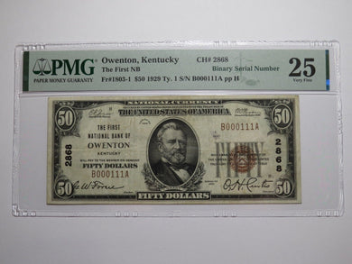 $50 1929 Owenton Kentucky National Currency Bank Note Bill #2868 Binary Serial #
