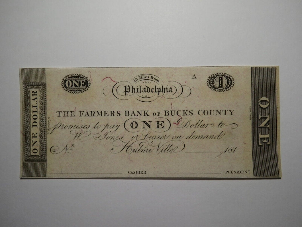 $1 181_ Hulme Ville Pennsylvania Obsolete Currency Bank Note Bucks County UNC++