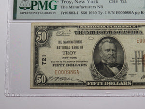 $50 1929 Troy New York NY National Currency Bank Note Bill Ch. #721 VF25 PMG