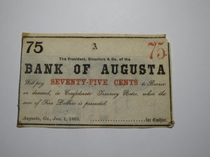 $.75 1863 Augusta Georgia GA Obsolete Currency Bank Note Bill! Augusta Insurance