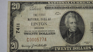 $20 1929 Linton Indiana IN National Currency Bank Note Bill Ch. #7411 VF+!