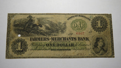 $1 1862 Greensborough Maryland MD Obsolete Currency Bank Note Bill Farmers Merch