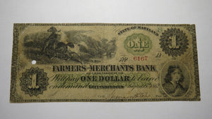 $1 1862 Greensborough Maryland MD Obsolete Currency Bank Note Bill Farmers Merch