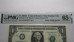 $1 2003 Radar Serial Number Federal Reserve Currency Bank Note Bill PMG UNC65EPQ