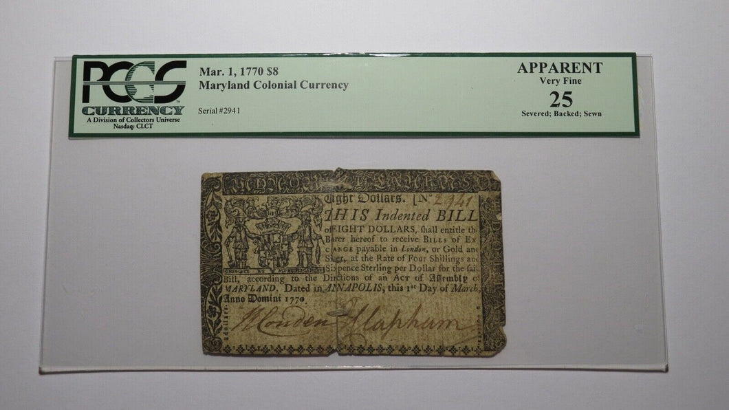 1770 $8 Annapolis Maryland MD Colonial Currency Bank Note Bill VF25 PCGS Eight 