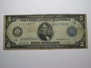 $5 1914 Boston Massachusetts Federal Reserve Large Bank Note Currency Bill FINE