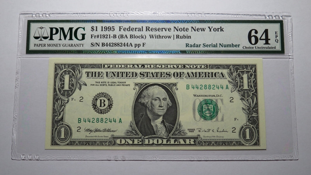 $1 1995 Radar Serial Number Federal Reserve Currency Bank Note Bill PMG UNC64EPQ