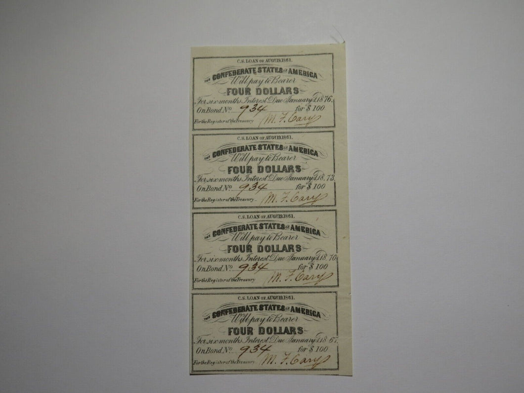 $4 1861 Confederate Bond Coupon Certificate Uncut Sheet Currency Bank Note Bill