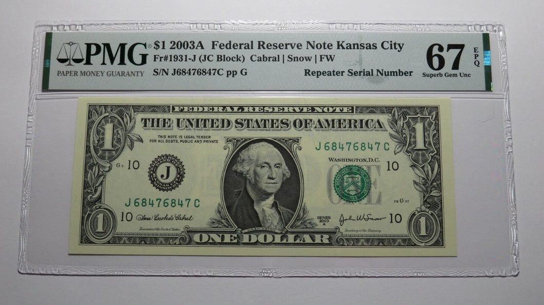 $1 2003 Repeater Serial Number Federal Reserve Currency Bank Note Bill PMG UNC67