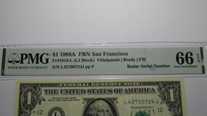$1 1988 Radar Serial Number Federal Reserve Currency Bank Note Bill PMG UNC66EPQ
