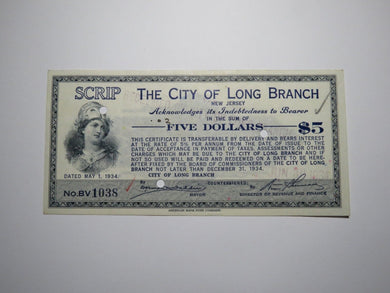 $5 1934 Long Branch New Jersey NJ Obsolete Currency Bank Note Scrip City of LB!
